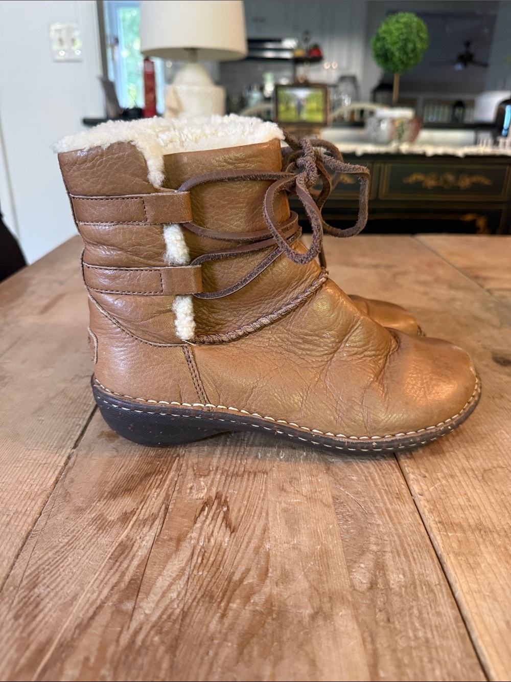 UGG Brown Leather Shearling Lace-Up Ankle Booties
